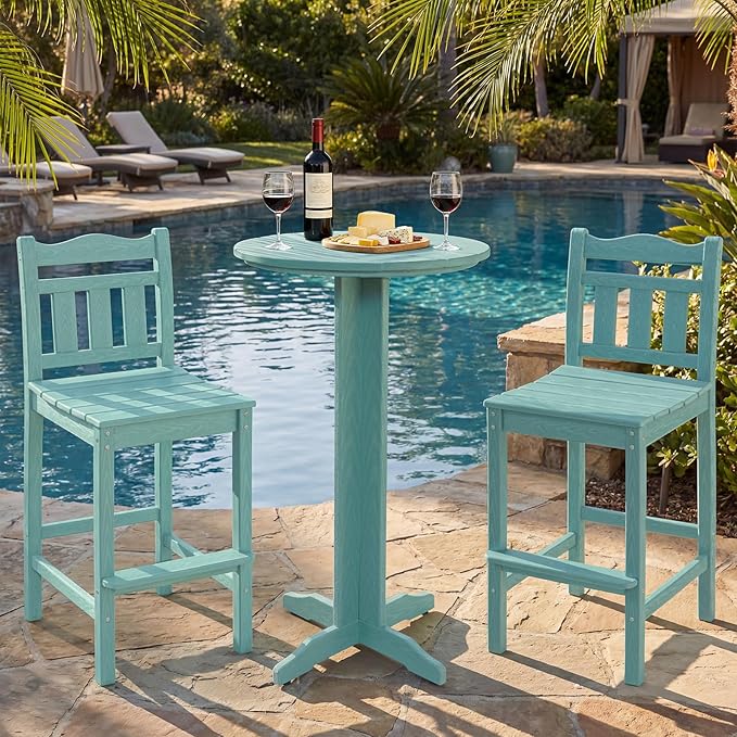 3-Piece Outdoor Bar Set, HDPE Adirondack Bar Height Chairs Set of 2 and Round Bar Table - Photo 7