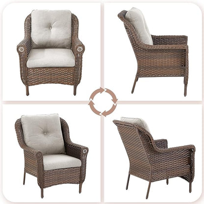 Patio Wicker Chairs Outdoor Furniture Chair - Set of 4 Outside All Weather Lawn Dining Brown Rattan Armchair with High Back&Deep Seating for Deck Porch Balcony Backyard Garden - Beige