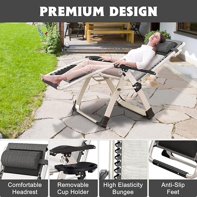 ABORON 2 Pack Zero Gravity Chair, Outdoor Lounge Chairs Sun Loungers with Removable Cushion, Headrest, Cup Holder - Photo 6