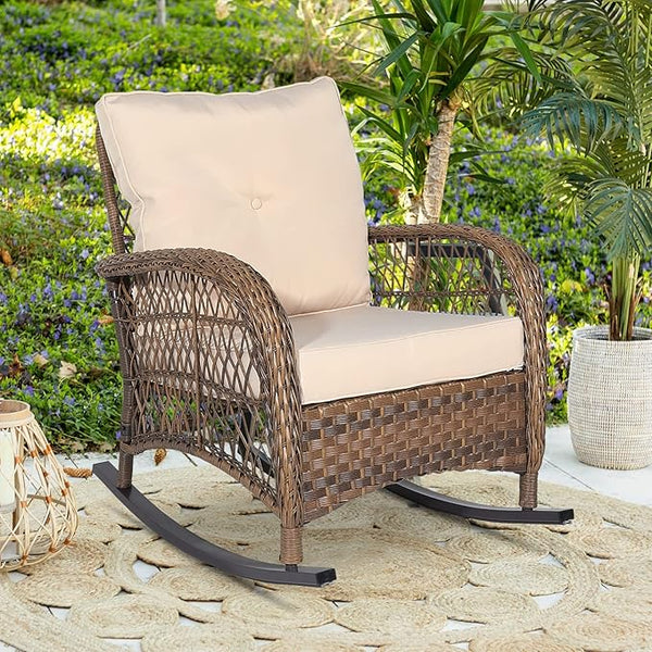 Outdoor Wicker Rocking Chair with Thickened Cushions, All-Weather Rattan Patio Rocking Chairs - Photo 1