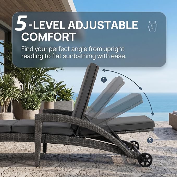 Patio Chaise Lounge Set of 2, Wicker Lounge Chairs Outdoor with Wheels, Heavy Duty Lounger Chair Outdoor - Photo 4