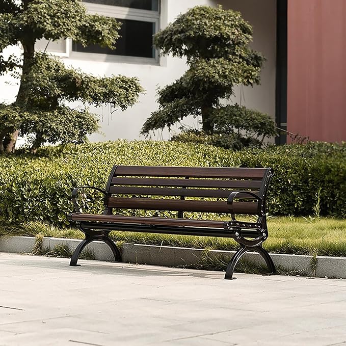 Outdoor garden benches Metal garden bench 2-3 Person Seat Loveseat Chairs Patio Bench Chair with Backrest 120/150/180cm Solid wood slatted seat and galvanized frame 300kg Weight Capacity(Walnut