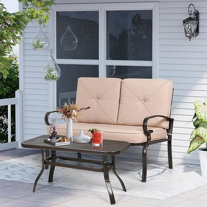 Incbruce Patio Loveseat with Coffee Table - Outdoor Bench with Cushion,2 Piece Wrought Iron Outdoor Loveseat Metal Frame Porch Furniture Set for Patio, Poolside, Garden (Brown)