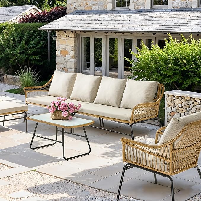 ONBRILL 4-Piece Outdoor Sectional Set, 4-Seats Wicker Patio Couch Sets with Cushion and Tempered Glass Coffee Table - Photo 6