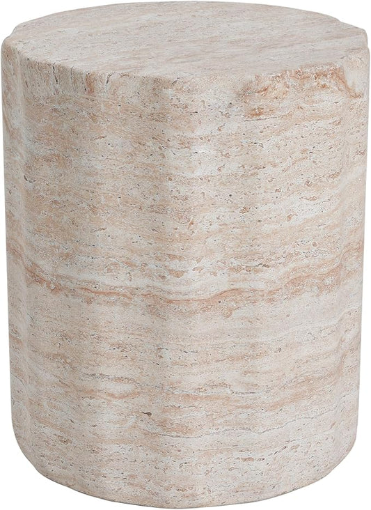 Merax Outdoor Lightweight Concrete Side Table 15.5" Dx18 H Cylinder Round Travertine Indoor Accent Table Weather Resistant End Table for Patio Backyard, Beige