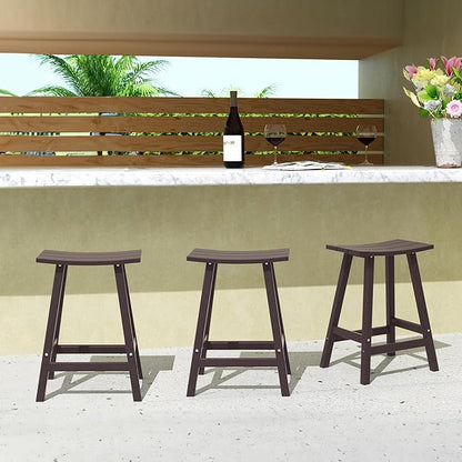 Costaelm All-Weather Bar Stools Set of 3, 24" Height Outdoor Bar Stools, Adirondack Poly Patio Bar Stool for Patio, Deck, Kitchen Counter and Garden, Dark Brown