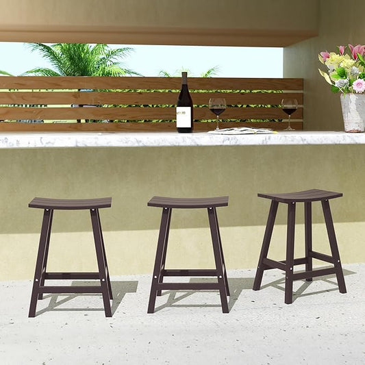Costaelm All-Weather Bar Stools Set of 3, 24" Height Outdoor Bar Stools, Adirondack Poly Patio Bar Stool for Patio, Deck, Kitchen Counter and Garden, Dark Brown