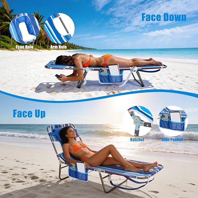 SUNNYFEEL Beach Lounge Chair, Backpack Reclining Beach Chairs Lay Flat, Sun Face Down Tanning Chair, Folding Camping Chairs Portable Camp Cot with Backpack Straps for Outdoor/Picnic/Lawn