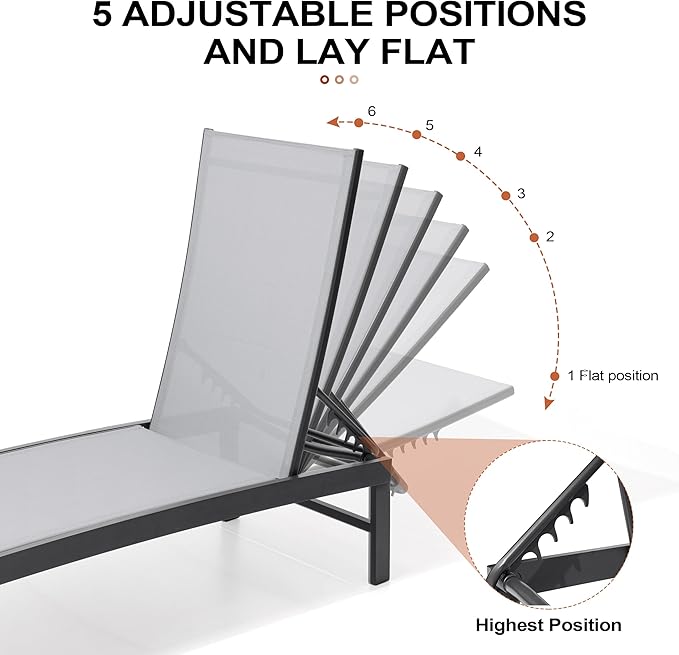 Crestlive Products Chaise Lounge Chair Outdoor Set of 2, Adjustable 5 Positions Pool Tanning Recliner, Outdoor Lounge Furniture Perfect for Patio, Beach, Yard, Pool
