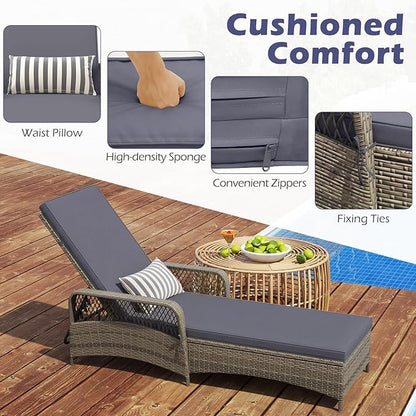 Wicker Chaise Lounge Chair, Patio Rattan Recliner with 6-Position Adjustable Backrest, Soft Cushions, Removable Lumber Pillow & Armrests, Lounger Chair for Poolside & Backyard (Gray)