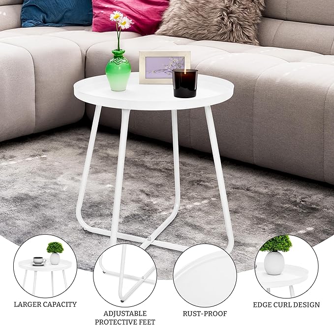 CODIN Set of 2 Outdoor Side Table Outdoor, Metal Side Table Small Round Side Table Weather Resistant End Table Patio Table for Garden Porch Balcony Yard Lawn (2, White)