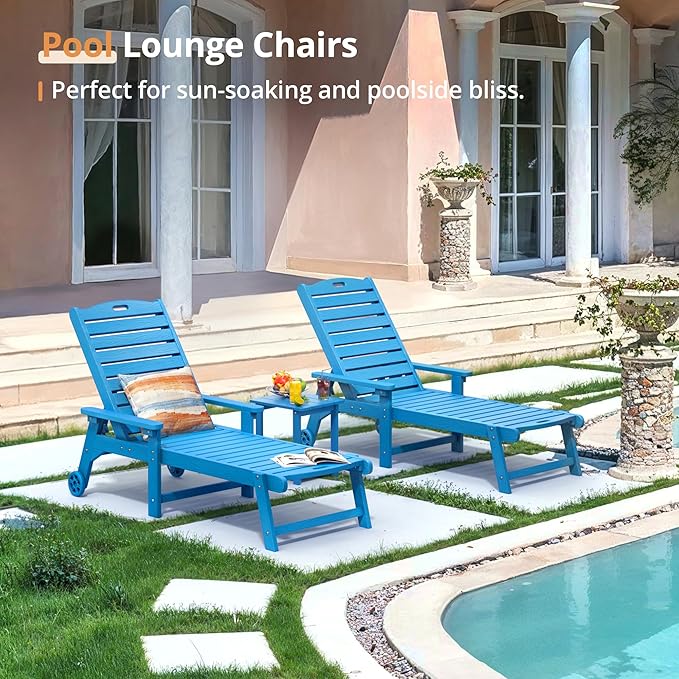 LUE BONA Lounge Chair Outdoor Set of 2, HDPS Chaise Lounge Outdoor with Wheels, 5 Positions Adjustable Pool Lounger Chairs for Outside, Patio, Deck, Blue