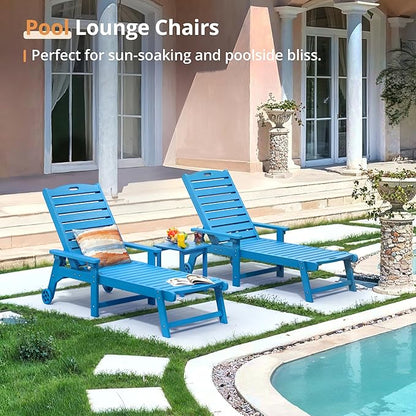 LUE BONA Outdoor Lounge Chair Set with Table, 3-Piece, HDPS Chaise Lounge Outdoor with Wheels, 5 Positions Adjustable Pool Lounger Chairs for Outside, Patio, Deck, Blue