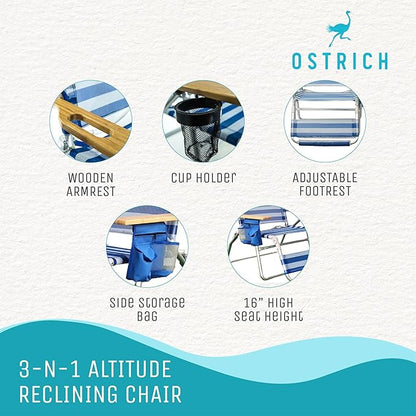 Ostrich Altitude 3N1 Lightweight Lawn Beach Reclining Lounge Chair w/Footrest, Outdoor Furniture for Patio, Balcony, Backyard, or Porch, Blue Stripe