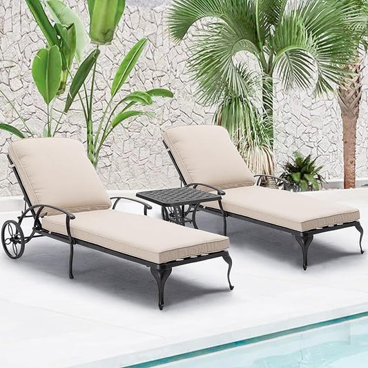 HOMEFUN Chaise Lounge Chair Outdoor - Poolside Chairs Set of 2 with Cushion and 1 Patio Side Table Cast Aluminum Waterproof Lounger with Wheels and Adjustable Reclining (Beige Cushion)