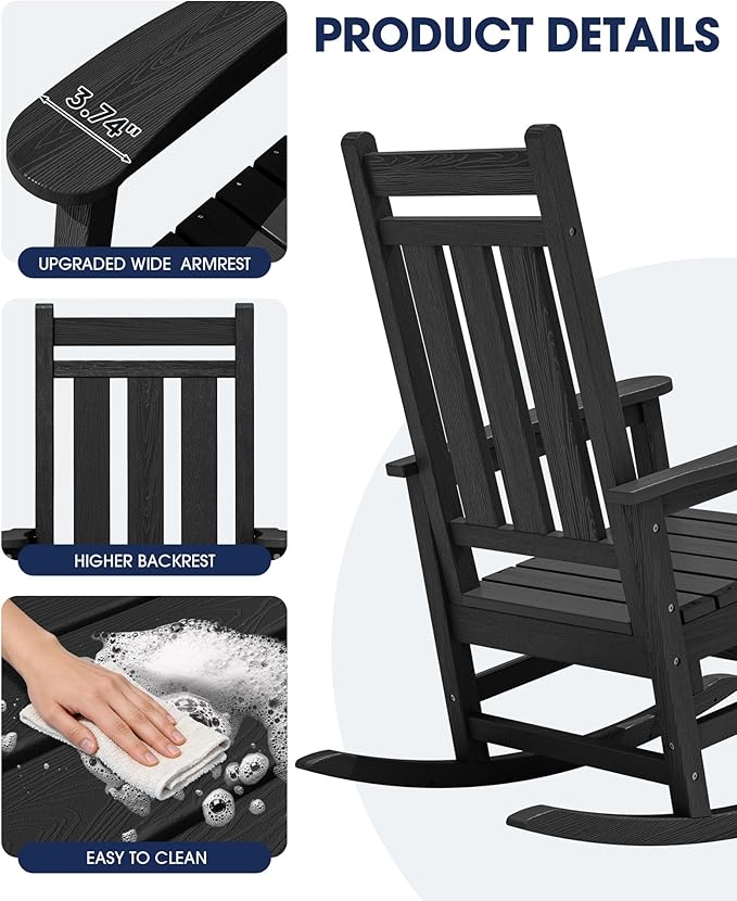 KINGYES Oversized Outdoor Rocking Chair Set of 4, All-Weather Patio Rocking Chairs for Porch, HDPE Outdoor Patio Rockers with High Back & Wide Seat for Garden, Lawn, Black
