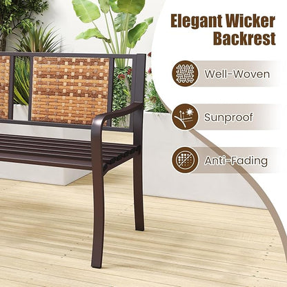 Tangkula Patio Garden Bench with Wicker Backrest, Outdoor Park Bench Chair with Powder Coated Steel Frame, Bench Loveseat for Outdoor Garden, Backyard, Lawn, Porch, Path, Deck