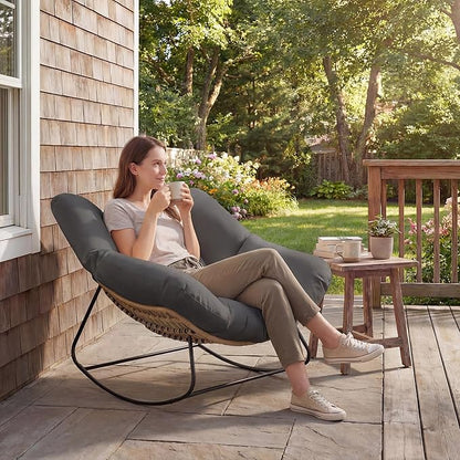 Outsunny Papasan Rocking Chair, Wicker Oversized Indoor Outdoor Rocking Chair with Cushion, PE Rattan Padded Outdoor Rocker Egg Chairs for Living Room, Garden, Patio, Balcony, Dark Gray