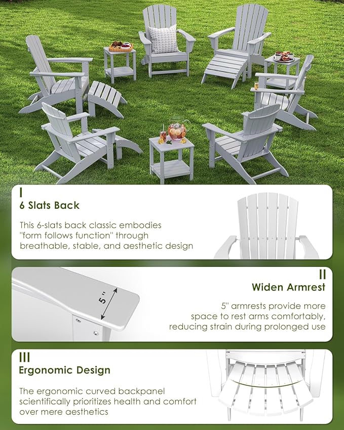 GREENVINES Adirondack Chairs Set of 2 | HDPE Plastic | Oversized Fire Pit Chair | All Weather | Poly Lumber | White | for Outdoor Deck Backyard Patio Garden