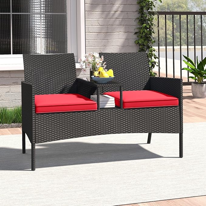 HAPPYGRILL Outdoor Rattan Loveseat, 2-Seat Patio Conversation Set with Built-in Coffee Table, Cushions, Wicker Bench Furniture for Backyard, Garden, Balcony, Porch (Red)