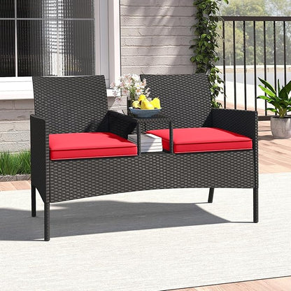 HAPPYGRILL Outdoor Rattan Loveseat, 2-Seat Patio Conversation Set with Built-in Coffee Table, Cushions, Wicker Bench Furniture for Backyard, Garden, Balcony, Porch (Red)