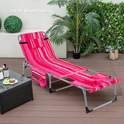 Giantex Tanning Chair, 330Lbs Patio Lounge Chair with 5 Adjustable Position, Face & Arm Hole, Hand/Shoulder Strap, Removable Pillow, Side Pocket, Chaise Lounger for Beach Sunbathing Outdoor