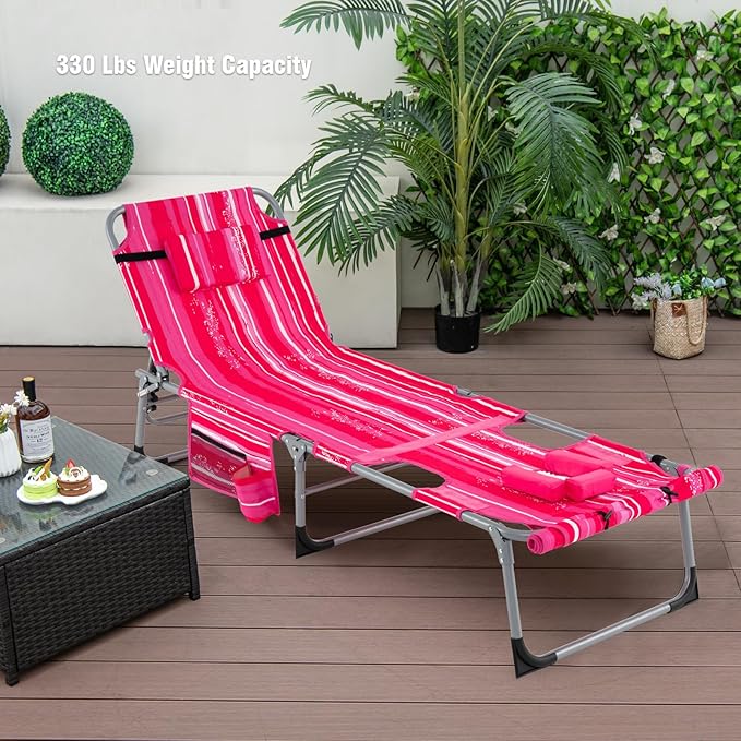 Giantex Set of 2 Tanning Chair, 5-Position Adjustable Beach Chair with Face & Arm Hole, Hand/Shoulder Strap, Removable Pillow, Side Pocket, Load 330 Lbs, Sunbathing Chairs, Lounge Chairs Outdoor
