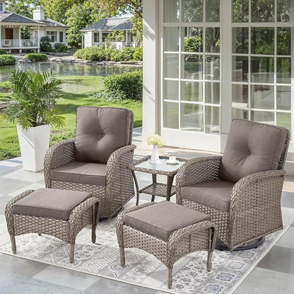 5 Pieces Outdoor Wicker Patio Furniture Set-High Back Outdoor Rocking Chairs Set of 2 with Ottoman Patio Conversation Sets for Deck Lawn Porch Balcony Poolside-Grey/Grey