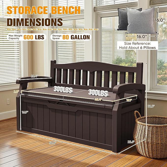 JUMMICO 80 Gallon Resin Outdoor Storage Bench with Cushion, Large Deck Box with Armrest, Lockable&Waterproof for Garden, Home, Patio, Pools (Brown, 80 Gallon)