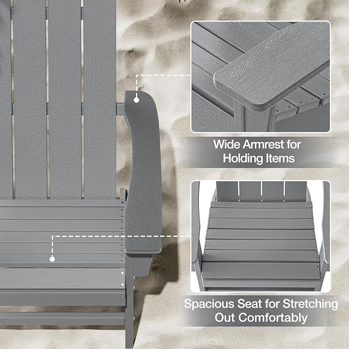 Adirondack Chair with Ottoman Weather Resistant Fire Pit Chairs with Footrest HDPE Outdoor Adirondack Chair for Patio Front Porch Pool Garden Deck Fire Pit Outside, Light Grey