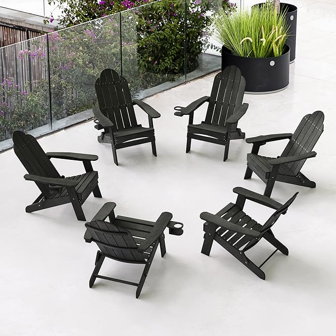 LUE BONA Folding Adirondack Chair Set of 6, Black HDPS Fire Pit Patio Chairs Weather Resistant, Modern Plastic Outdoor Chairs with Cup Holder