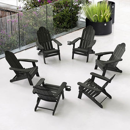 LUE BONA Folding Adirondack Chair Set of 6, Black HDPS Fire Pit Patio Chairs Weather Resistant, Modern Plastic Outdoor Chairs with Cup Holder
