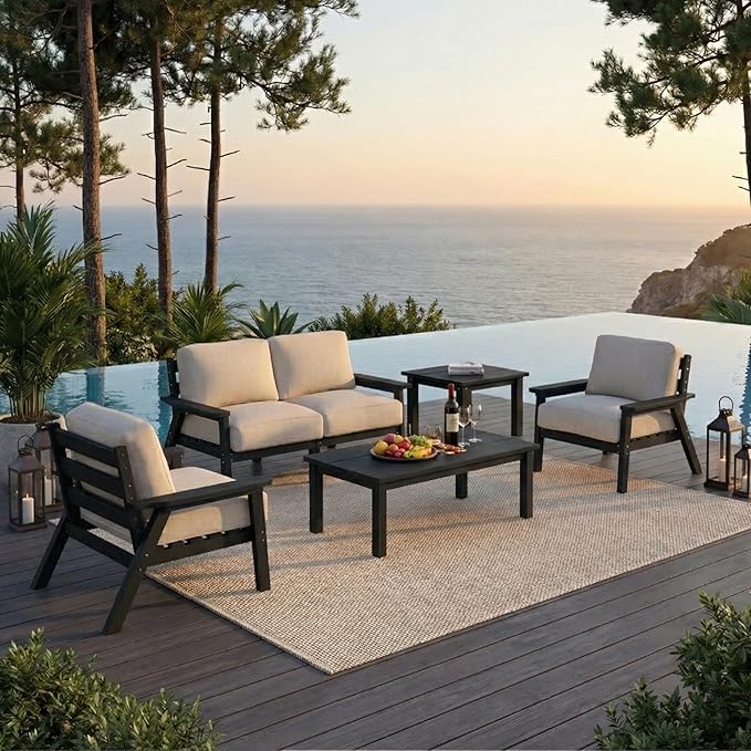 HDPE Patio Furniture Set 4 Seats, Outdoor Couch with Washable Thick Beige Cushions & Coffee Table & Side Table, Outdoor Sectional Furniture for Backyard, Deck, Lawn, Porch (Black Frame)