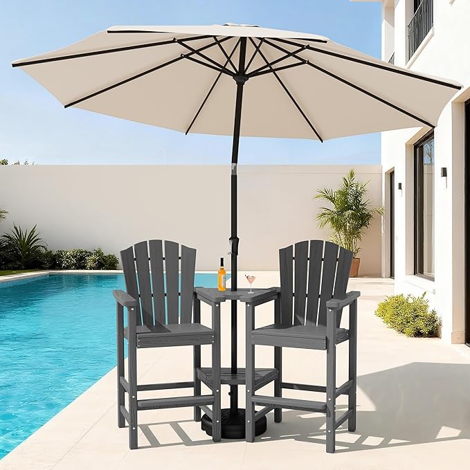 KINGYES Tall Adirondack Chair Set of 2 with 9FT Umbrella, All-Weather HDPE Outdoor Adirondack Barstools with Removable Double Connecting Trays, High Airondack Chair with Wood Grain, Gray