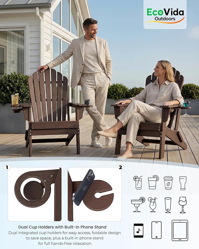Oversized Adirondack Chair with Dual Cup Holders, Ergonomic High Back HDPE Fire Pit Chair, 380lbs Capacity All-Weather Outdoor Patio Lounge Chair for Garden, Deck, Yard - Coffee