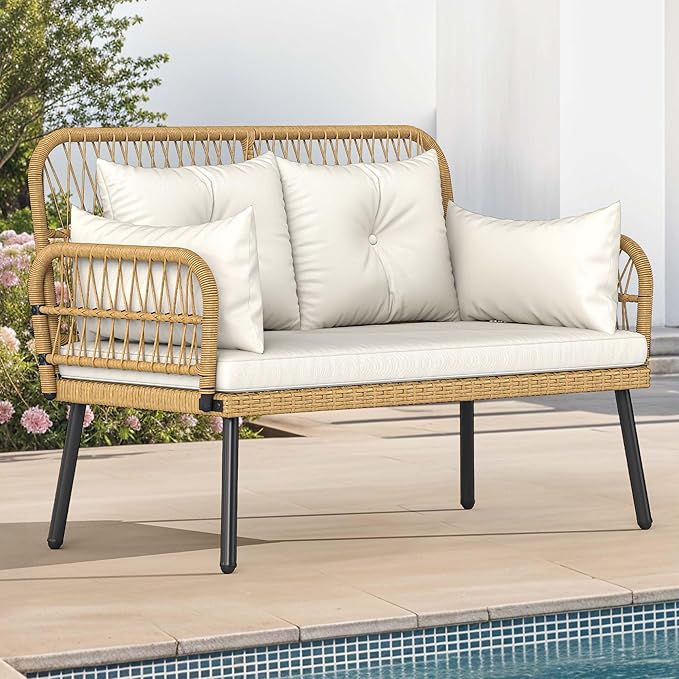DWVO Outdoor Loveseat, Patio Wicker Furniture Set with Cushion & Adjustable Feet, Patio Couch for Garden, Balcony - Photo 1