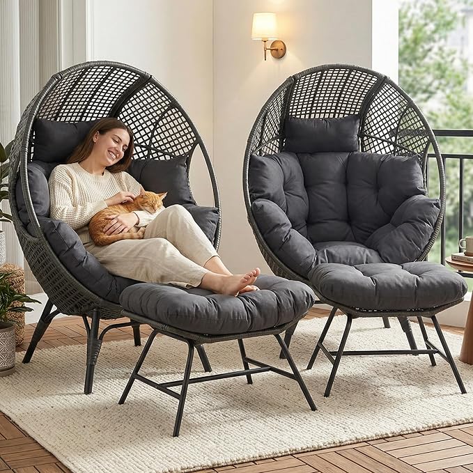 NICESOUL® 2 Person Wicker Stationary Egg Chair Indoor Outdoor Egg Basket Lounge Chair Oversized Thick Cushions Nest Seat with Legs 440lbs Bird Cage Chair with Ottoman, 4 Pieces Boho Chair Gray