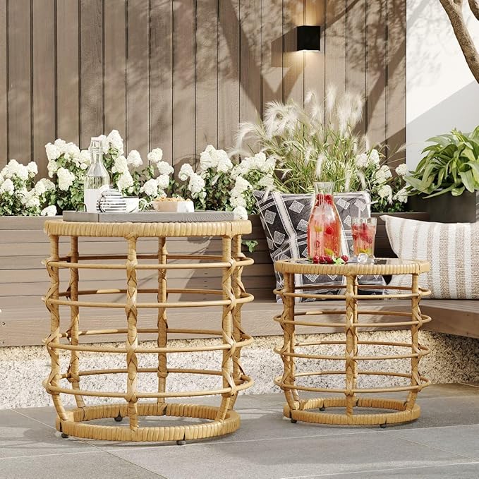 Lovinouse Rattan Round Side Table Set of 2, Small Circle Desk with Solar Lights and Tempered Glass Top,Weather-Resistant Wicker for Patio, Small Coffee End Table for Outdoor Living, Patio,Natural