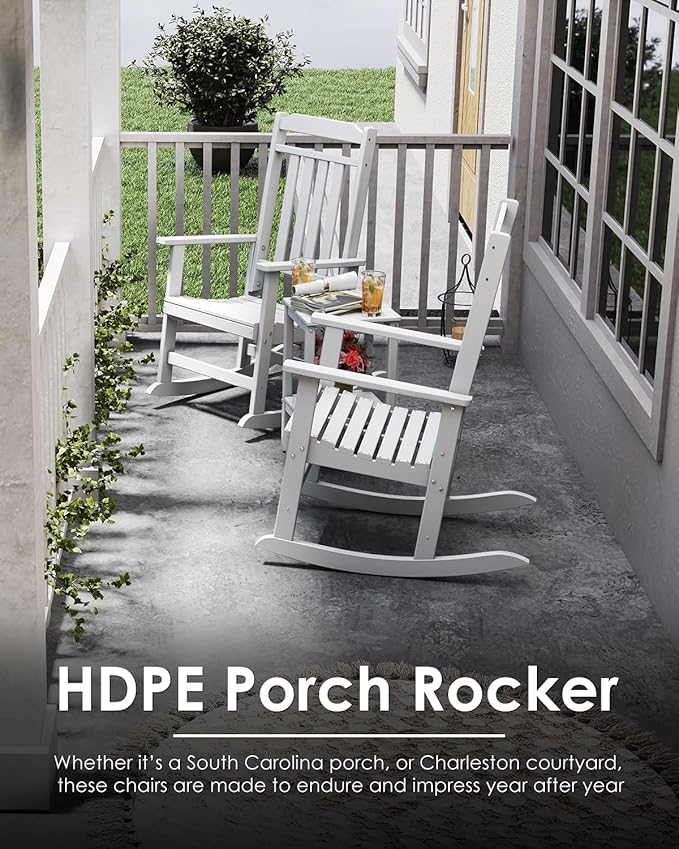 GREENVINES Outdoor-Rocking-Chairs-Set-of-4 | HDPE Plastic | Patio Rockers | Porch Rocker Chair | Oversized | High Back | Big & Tall | White