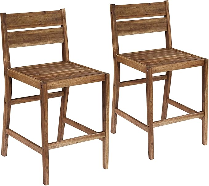 Teal Island Designs Nova Natural Acacia Wood Outdoor Bar Stools Set of 2 Brown 24" High Farmhouse Rustic Plank Seat - Photo 1