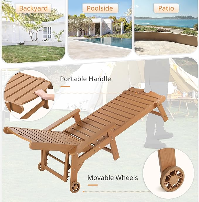 LUE BONA HDPS Chaise Lounge Chairs Set with Table, 3-Piece,Outdoor Pool Lounge Chair with Adjustable Backrest, Resin Patio Lounge Chairs with Wheels for Outside, Teak Color