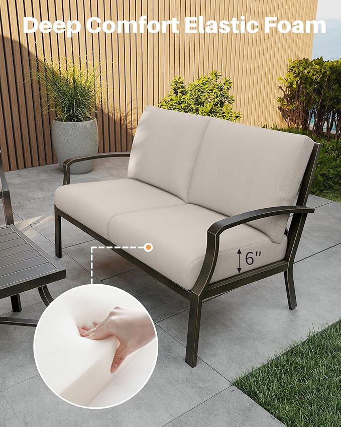 Never-Rust Aluminum Outdoor Loveseat, Modern Patio Loveseat Couch with Deep Seating, All-Weather 2-Seater Outdoor Patio Couch, Outdoor Club Sofa with Cushion for Balcony, Garden, Dark Bronze