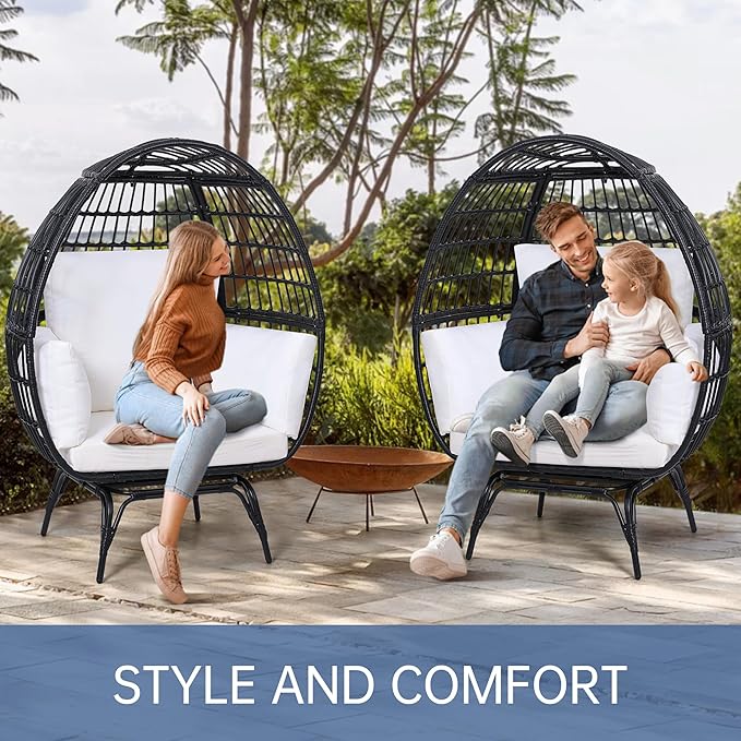 Oversized 360° Swivel Rattan Egg Chair for Adult, Indoor Outdoor Patio Large Wicker Egg Chair with Overstuffed Cushions, 440lb Weight Capacity, Black Rattan with Beige Cushion