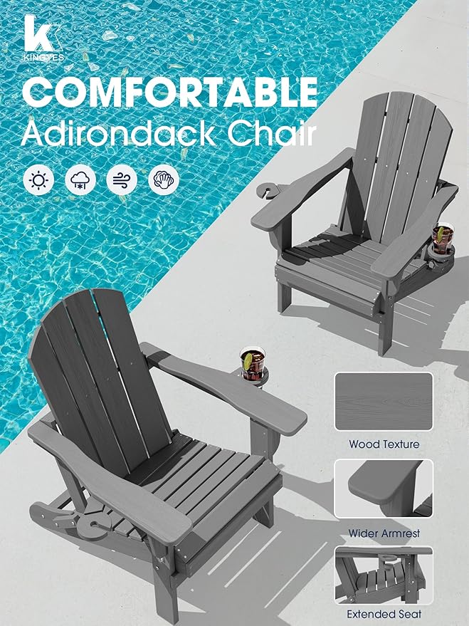 KINGYES Folding Adirondack Chair with Dual Cup Holders - HDPE All-Weather Outdoor Chairs, Wood-Like Patio Chair for Backyard, Camping, Pool & Fire Pit, Grey