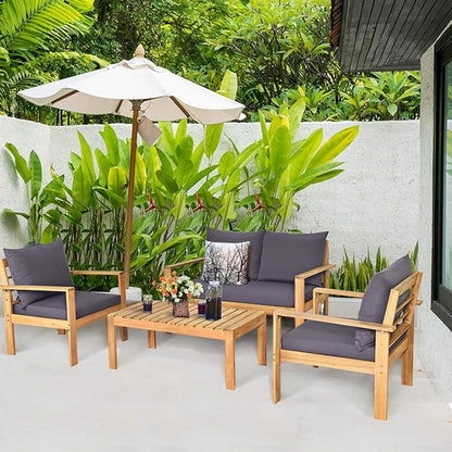 COSTWAY 4 Pieces Outdoor Acacia Wood Sofa Set, Outdoor Conversation Sofa Set with Table & Cushions Porch Chairs for Garden, Patio, Deck