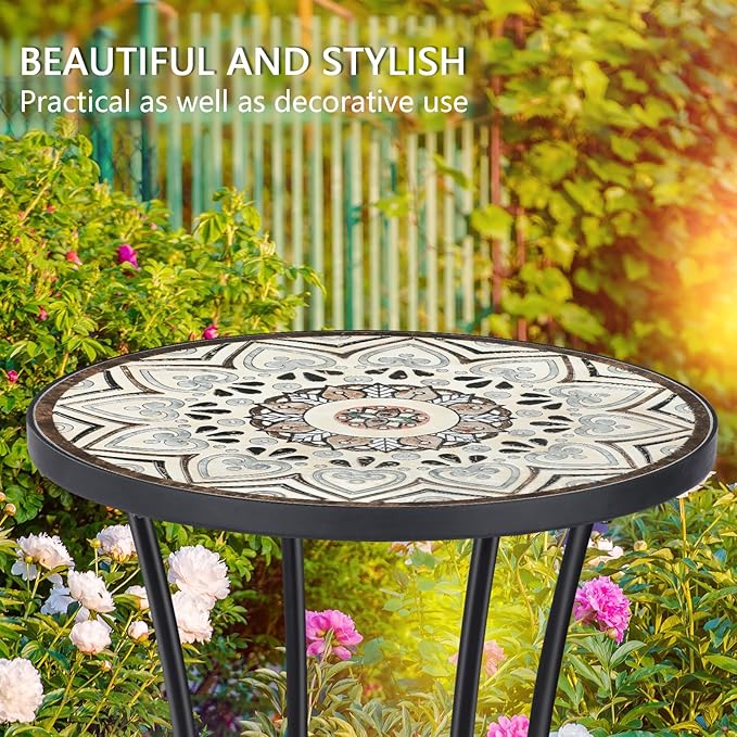 VCUTEKA Outdoor Side Table Mosaic Patio Table Accent Tables Mosaic Tile Top Metal Frame Small End Tables Porch Beach Patio Garden Balcony Brown 14''