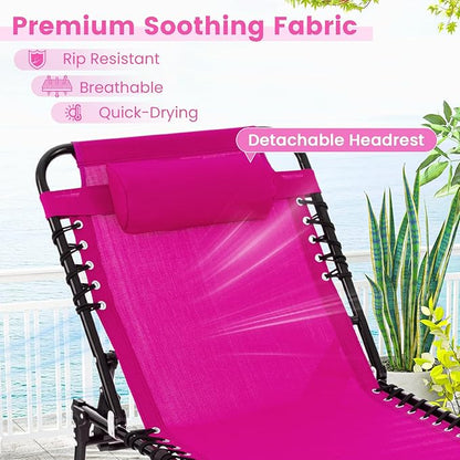 Goplus Folding Beach Lounge Chair w/Pillow for Patio Backyard Park Indoor and Outdoor, Adjustable 4-Level Backrest and 2-Level Footrest (Pink, 2 PCS Ordinary Size)