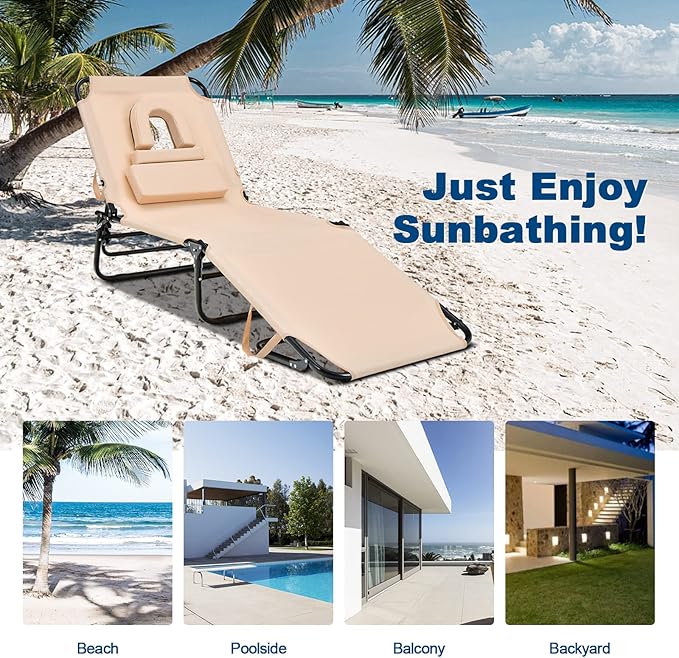 Goplus Tanning Chair, Folding Beach Lounge Chair with Face Hole, Removable Pillow, Carry Strap, Position Adjustable, Sunbathing Chair, Portable Outside Lounge Chair for Patio Pool