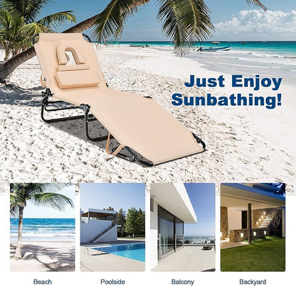 Goplus Tanning Chair, Folding Beach Lounge Chair with Face Hole, Removable Pillow, Carry Strap, Position Adjustable, Sunbathing Chair, Portable Outside Lounge Chair for Patio Pool