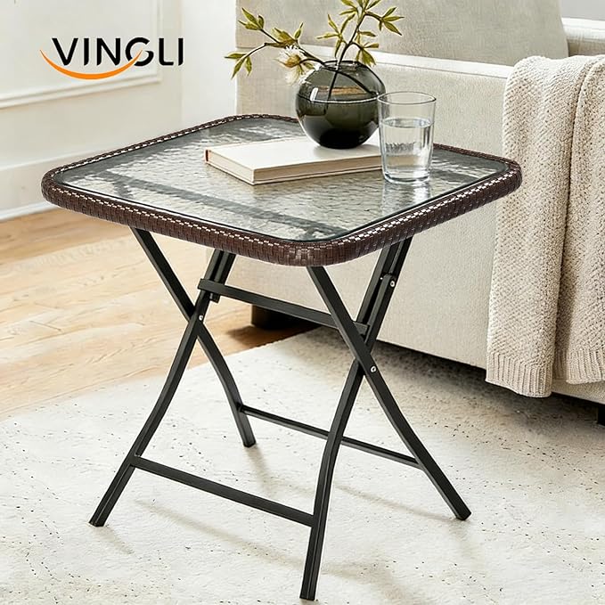 VINGLI 23.6in Modern Brown Rattan Folding Glass Outdoor Side Table, Small Patio Table with Tempered Glass Top,Rectangular,1 Pack